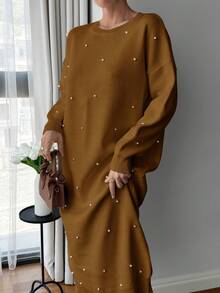 EURMUSE Women Solid Color Round Neck Pearl Detailed Long Sweater Dress - Brown - View 6