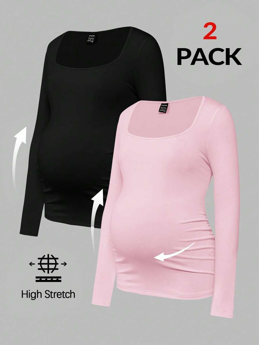 Modmama Áo thun bầu tay dài cổ tròn nhún bèo, kiểu dáng thường ngày, đa năng. - Nhiều màu - Xem 1