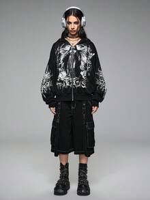 ROMWE Grunge Punk 女式休闲朋克圣母玛利亚与荆棘印花抽绳连帽羊毛运动衫，秋冬 - 黑色 - 查看 2