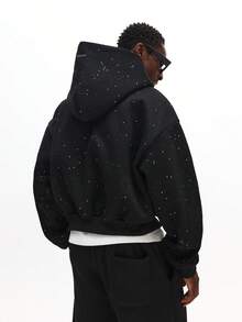 SUMWON 短款拉链连帽衫，饰有闪亮星星印花，打造都市街头风纯色款 - 黑色 - 查看 2