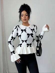 SHEIN Elenzya Suéter de mujer de cuello redondo elegante, manga larga, con lazo, estampado floral de jacquard, con puños y bajo con volantes de color contrastante, versátil para múltiples ocasiones, otoño/invierno - Blanco - Ver 5