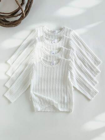 SHEIN Vintaside Kids Baby Boy A Multi-Piece Set Of Pure White Round-Neck Long-Sleeved T-Shirt For Spring And Autumn. The Style Is Casual, Simple, Comfortable And Versatile.