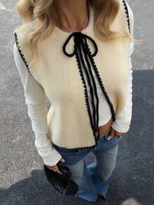 Siren Gaze 女式撞色针织背心，秋冬 - 杏色 - 查看 4