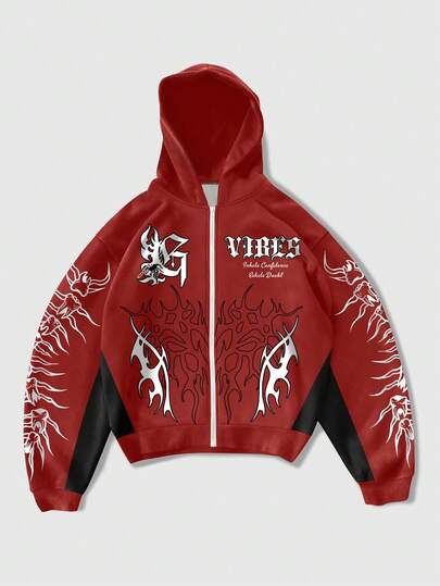 Street Life Men's Autumn/Winter Slogan Print Zip-Up Hooded Casual Sweatshirt