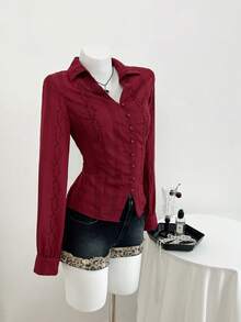 SHEIN Unity Women's Red Embroidered Long Sleeve Shirt, Waist Cinched, Elegant Casual Wear For Everyday And Commute, Suitable For Autumn/Winter - Burgundy - View 3
