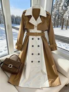 GlowEve Women's Fashion Casual Contrast Color Double-Breasted Belted Trench Coat