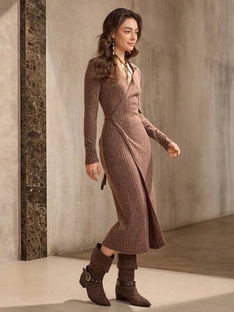 Wildy American Casual Bodycon Dress, Street Fashion Brown High Slit S-Shaped Waist Airport Outfit, Autumn/Winter New Arrival