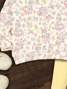 SHEIN 女婴休闲度假可爱乡村兔子和花卉印花针织柔软厚圆领长袖运动衫和打底裤套装，适合秋冬季 - 彩色 - 查看 6