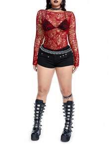 Whyspr 大码女式蜘蛛网不对称镂空长袖性感上衣 - 紅色 - 查看 6