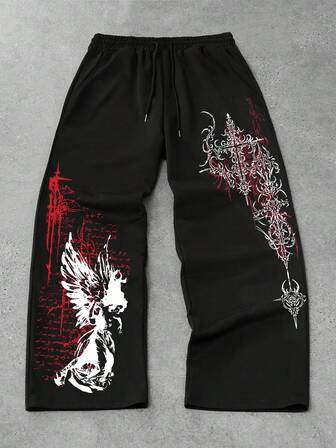 Goth Men's Loose Fit Straight Leg Sweatpants With Dark Floral Pattern, Comfortable Sports Pants