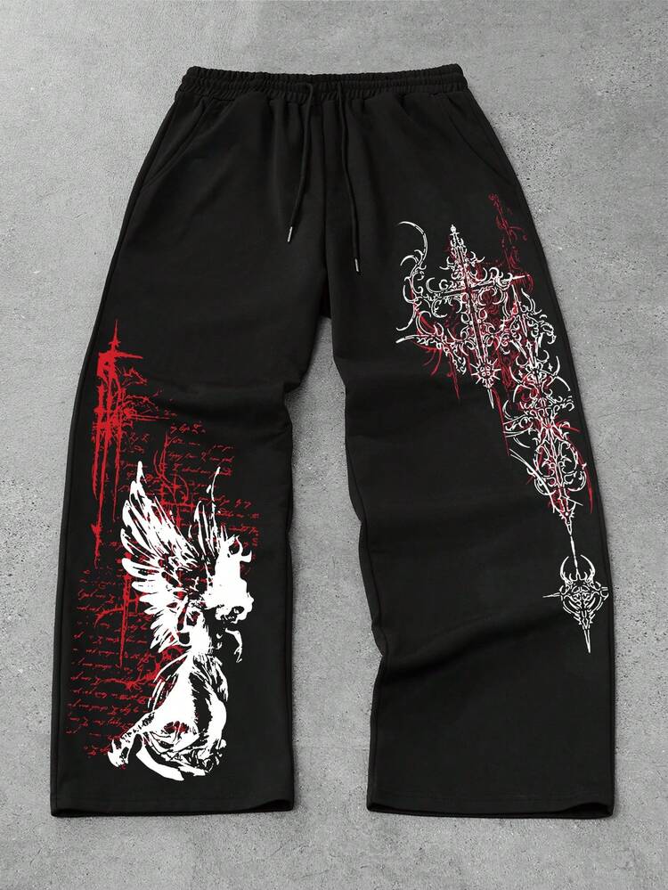 ROMWE MEN Goth Pantalon de survêtement ample et décontracté pour hommes, coupe droite, avec motif floral sombre. Pantalon de sport confortable.