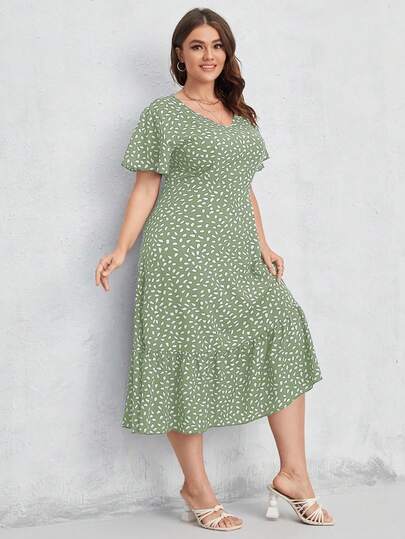 فستان ماكسي للنساء مع أكمام متموجة وذيل مكشكش مطبوع بنقشة متكررة