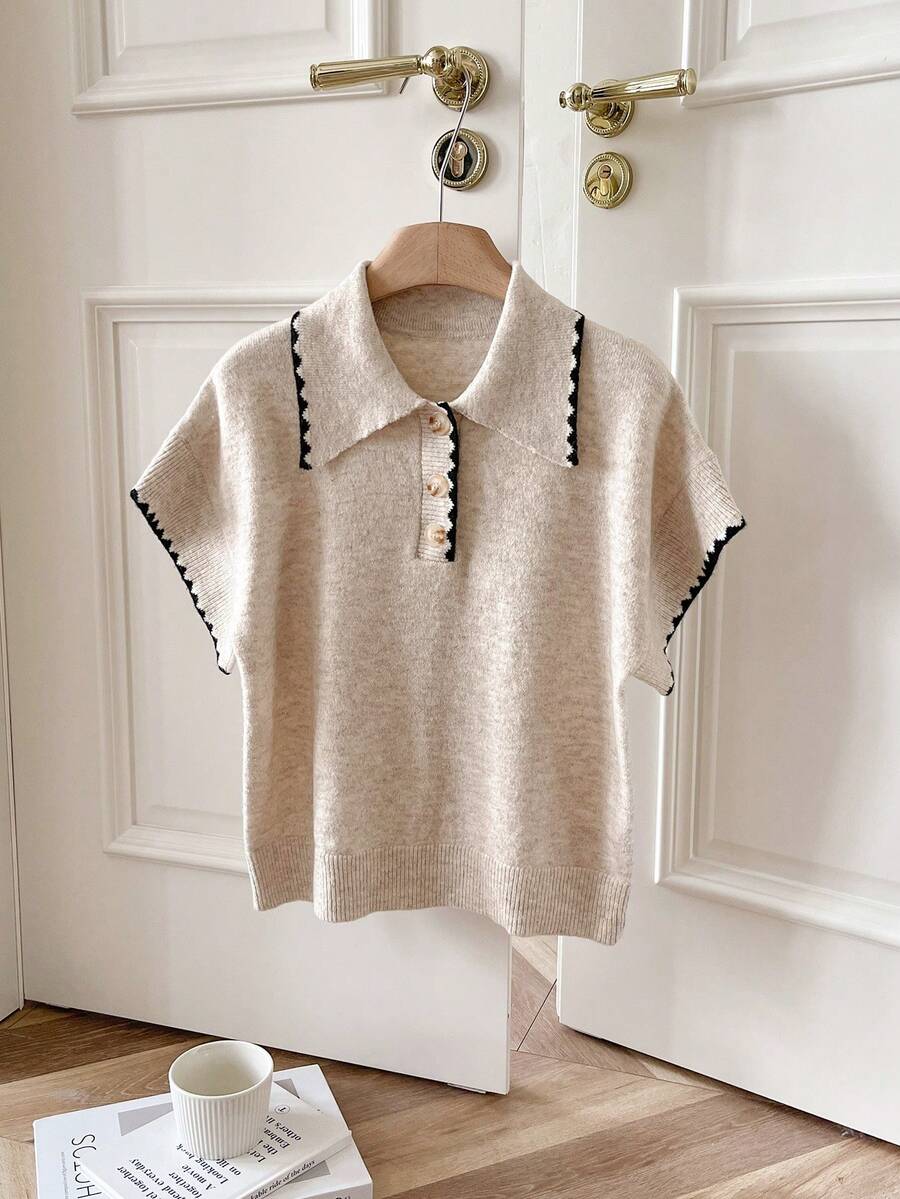 SHEIN Frenchy 女式撞色饰边短袖针织上衣 - 杏色 - 查看 1