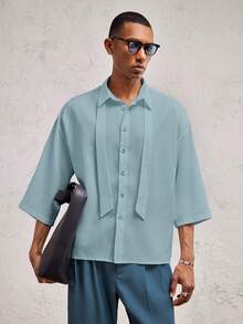 AKNOTIC Formal Men's Loose Fit Drop Shoulder Short Sleeve Casual Collared Shirt, Suitable For Everyday Wear - Dusty Blue - View 6