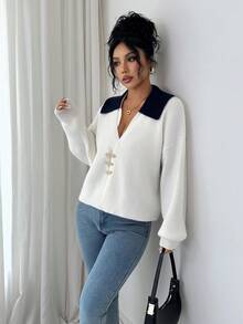 SHEIN Elenzya Cardigan tricotat cu mânecă lungă și umeri căzuți, cu guler în contrast de culoare, decorat cu nasturi metalici - alb - Vizualizare 1