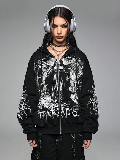 Grunge Punk Women's Casual Punk Virgin Mary & Thorn Print Drawstring Hooded Fleece Sweatshirt, Autumn/Winter