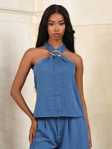 Mima John 2pcs/Set Vintage Coin Decor Halter Neck Top And Wide Leg Pants Set, Suitable For Early Summer - Blue - View 3