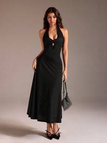 SHEIN TRNDY 1pc Women's Black Sequin Deep V-Neck Tie Front Ruffle Trim Bodycon Party Dress - Black - View 7