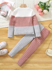 Young Girl' Colorblock Round Neck Long Sleeve Top And Pants Set - Pink - View 2