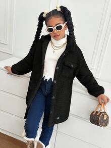 SHEIN Tween Girl Thermal Lined Lapel Pocket Button Front Mid-Length Coat, Autumn/Winter Girls Sherpa Coat Black Black Jacket Teen Girl Black Tween Girl Jacket Fall Coat For Tween Girls Long Cardigan For Girls
