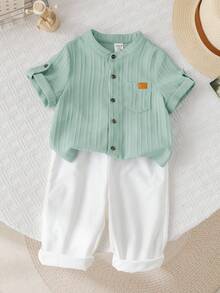 SHEIN Conjunto de 2 piezas para bebé/niño pequeño niño/niña, camisa de manga corta de color liso sencillo y pantalón de cintura elástica liso para vacaciones casuales, primavera/verano/otoño - Verde - Ver 5