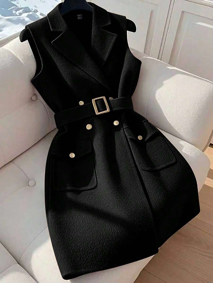 GlowEve Sobretodo sin mangas con cintura ceñida y decoración de cinturón - Negro - Ver 1