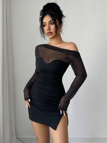 Rafferiza Black Elastic Ruched Waist Dress For Women - Black - View 3