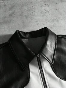 PAVTROS 男士长袖短款拉链PU皮夹克，黑色皮夹克外套，秋冬款