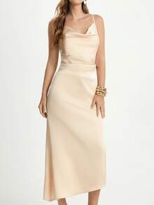 CAJUNI Solid Color Draped Backless Elegant Sexy Spaghetti Strap Dress - Apricot - View 3