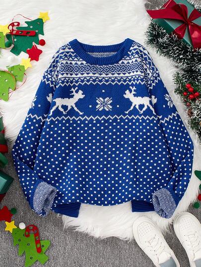 男士藏蓝色底白色驯鹿图案圆领长袖毛衣，冬季