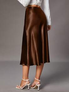 SHEIN Tall Women's Glossy Medium Length Skirt - Brown - View 2