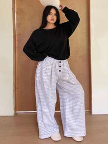 Dazy Plus 大码女式休闲宽松不对称领口上衣和格子裤睡衣套装，春秋季、秋冬季服装 - 黑色 - 查看 8