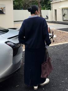 Dazy Plus 2pcs/Set Women Plus Size Casual Contrast Color Splice Lapel Loose Thicken Fleece Sweatshirt And Skirt Set, Autumn/Winter Lounge Sets For Women - Navy Blue - View 2