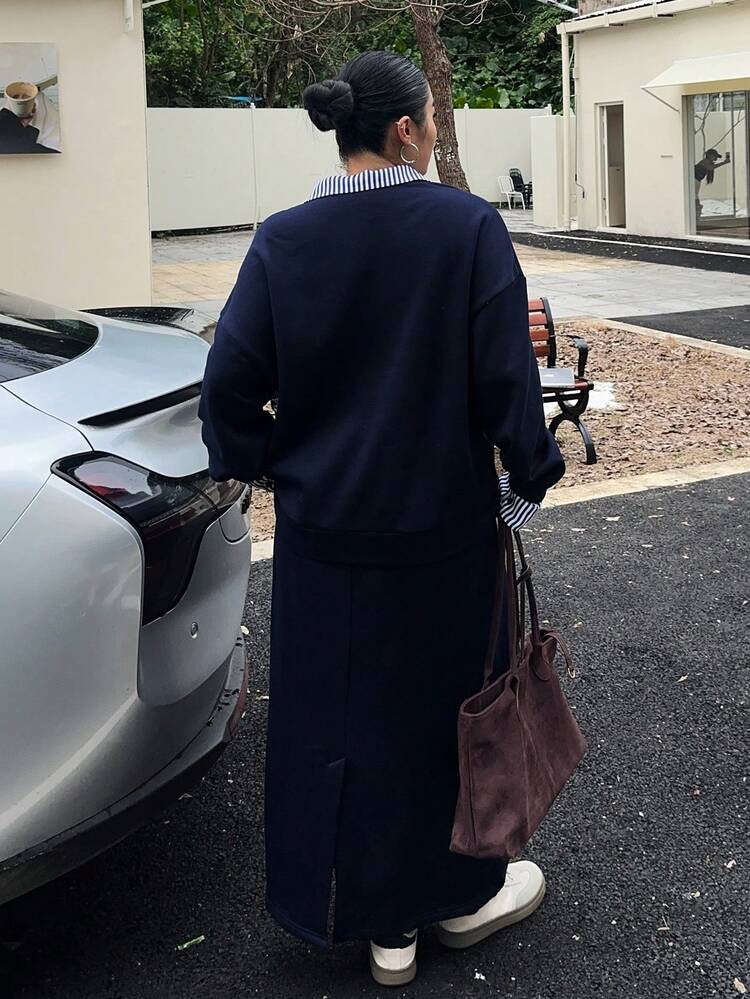 Dazy Plus 2pcs/Set Women Plus Size Casual Contrast Color Splice Lapel Loose Thicken Fleece Sweatshirt And Skirt Set, Autumn/Winter Lounge Sets For Women