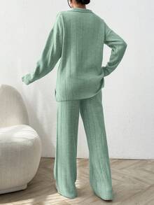 EURMUSE 2buc/Set Pulover tricotat largi cu guler polo cu nervuri uni - Menta verde - Vizualizare 2