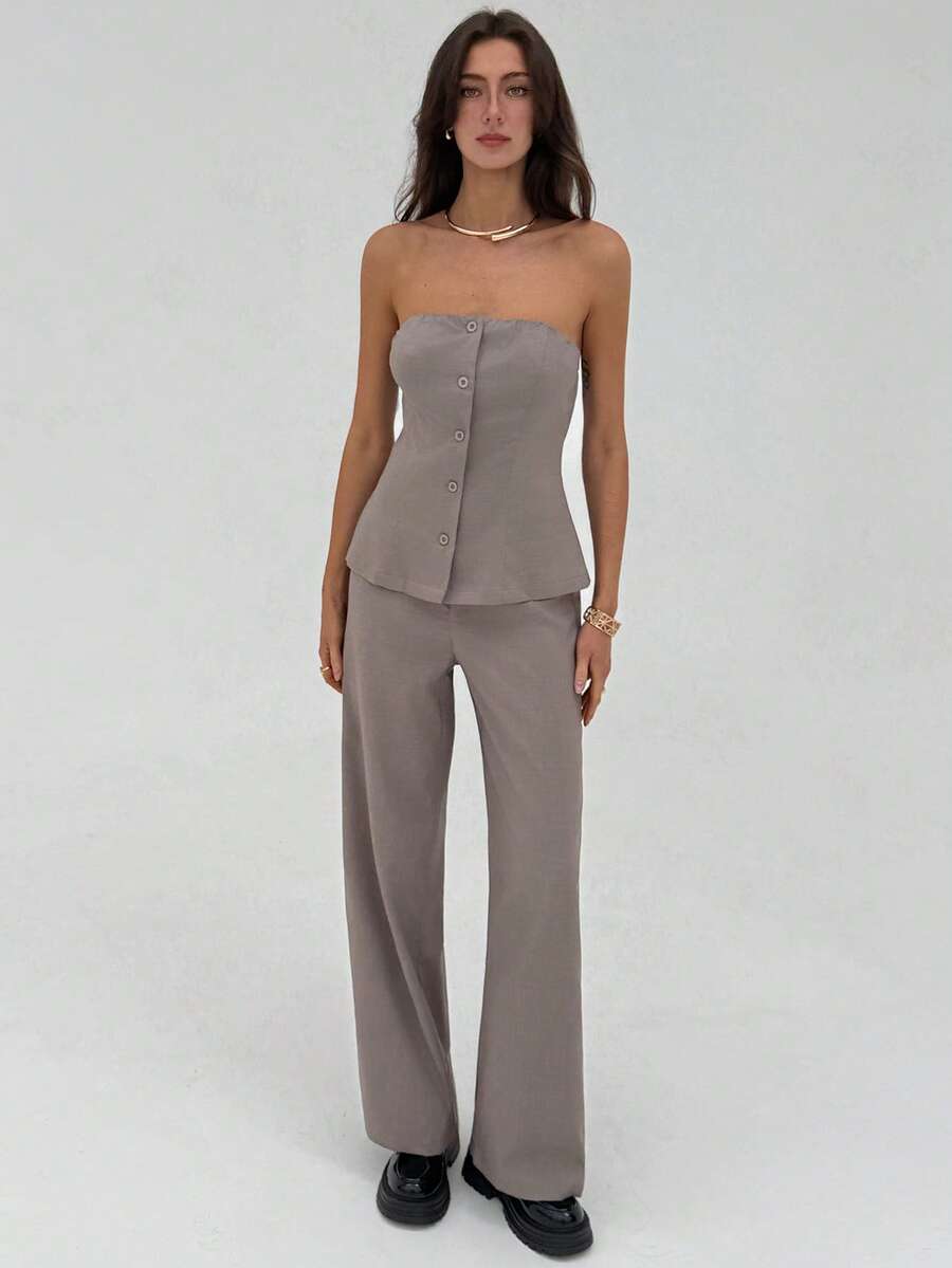 Aloruh Conjunto de traje de mujer gris moderno de oficina, sin tirantes, ajustado y recto - Caqui - Ver 1