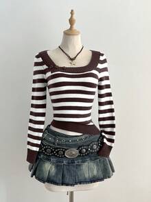 Elamini Women's Casual Versatile Striped Pattern Crew Neck Fitted Sweater, Autumn/Winter - Multicolor - View 3