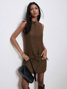 ATUI Studio 女式束腰短款连衣裙，时尚百搭，简约通勤，日常穿搭，度假风格，办公室通勤，简约女装 - 咖啡棕 - 查看 4