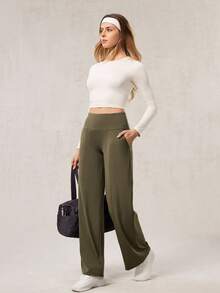 OutZeal 女士运动裤 日常休闲居家服 柔软针织面料 吸汗速干 高腰直筒裤型 带口袋 - 軍綠色 - 查看 6