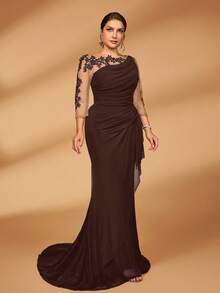 Serin Vestido de sirena elegante y lujoso de talla grande con mangas largas de malla elástica de punto, con bordados de encaje transparente y volantes fruncidos, adecuado para bodas, eventos, fiestas, vacaciones, despedida de soltera, Día de San Valentín - Café - Ver 6
