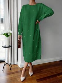 EURMUSE 女士纯色圆领珍珠细节长款毛衣连衣裙