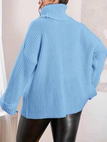 EURMUSE Women's Plus Size Solid Color Ribbed Knit Loose Turtleneck Sweater, Autumn/Winter - Baby Blue - View 2