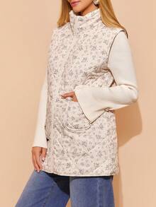 Amorya معطف خارجي أنيق وكاجوال للنساء بدون أكمام وياقة عالية، مطبوع بزهور المشمش، مناسب للخريف والشتاء