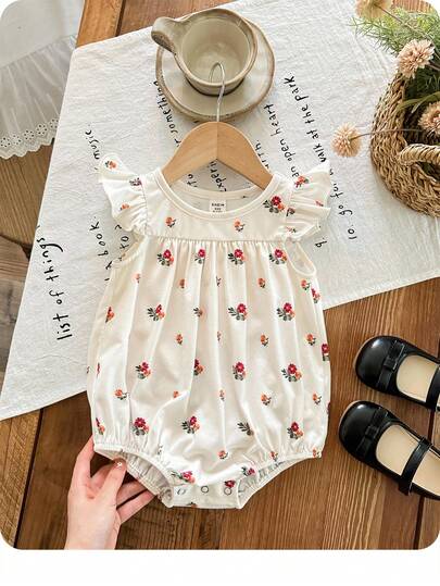 SHEIN Newborn Baby Girls Cute Summer Floral Print Cap Sleeve Bodysuit