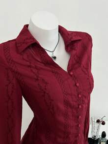 SHEIN Unity Women's Red Embroidered Long Sleeve Shirt, Waist Cinched, Elegant Casual Wear For Everyday And Commute, Suitable For Autumn/Winter - Burgundy - View 5