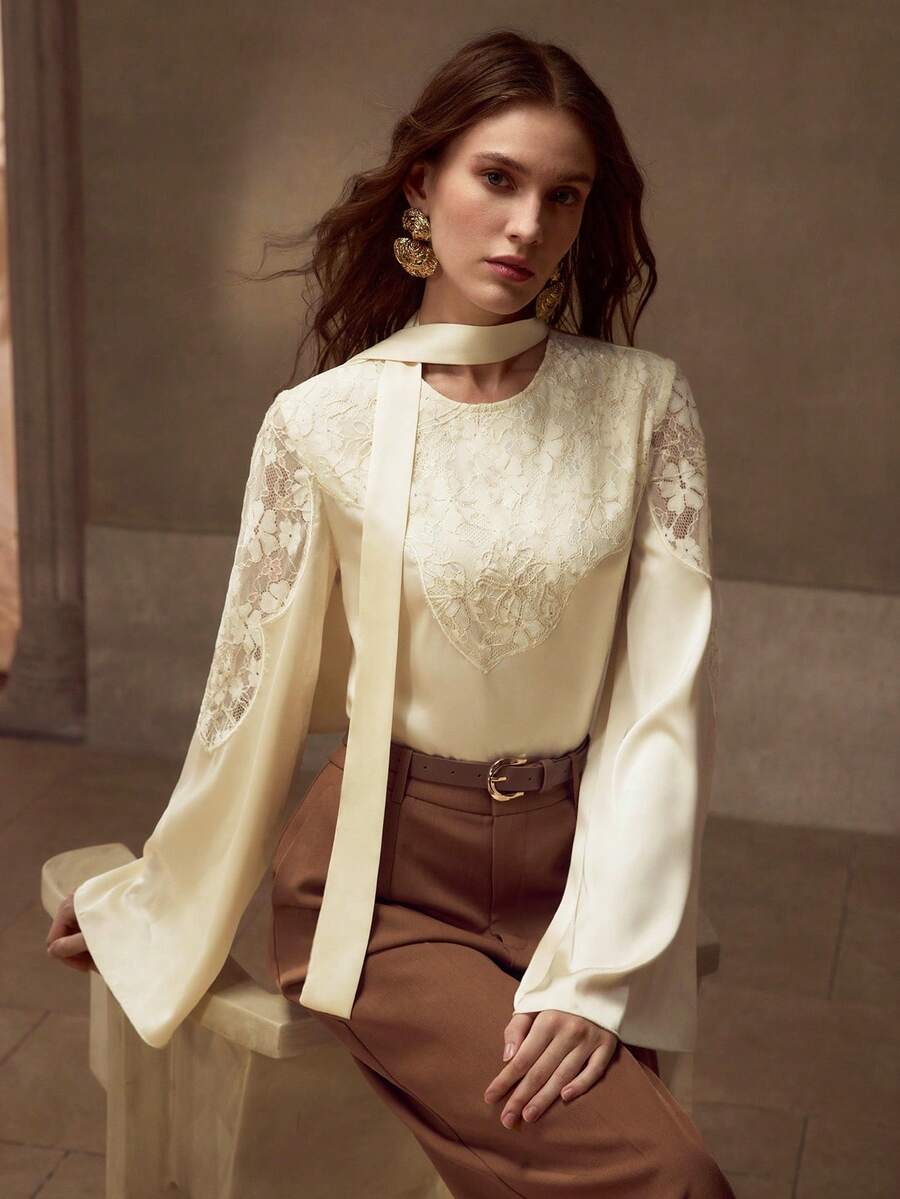 MOTF PREMIUM CONTRAST LACE EMBROIDERY BLOUSE - Apricot - View 1