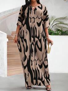 SHEIN Lady 女式 V 领 3/4 袖花卉印花宽松休闲中长连衣裙 - 彩色 - 查看 6