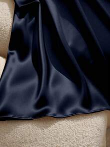 GlowEve Satin + Belt Decor Long Sleeve Women Midi Dresses - Navy Blue - View 6