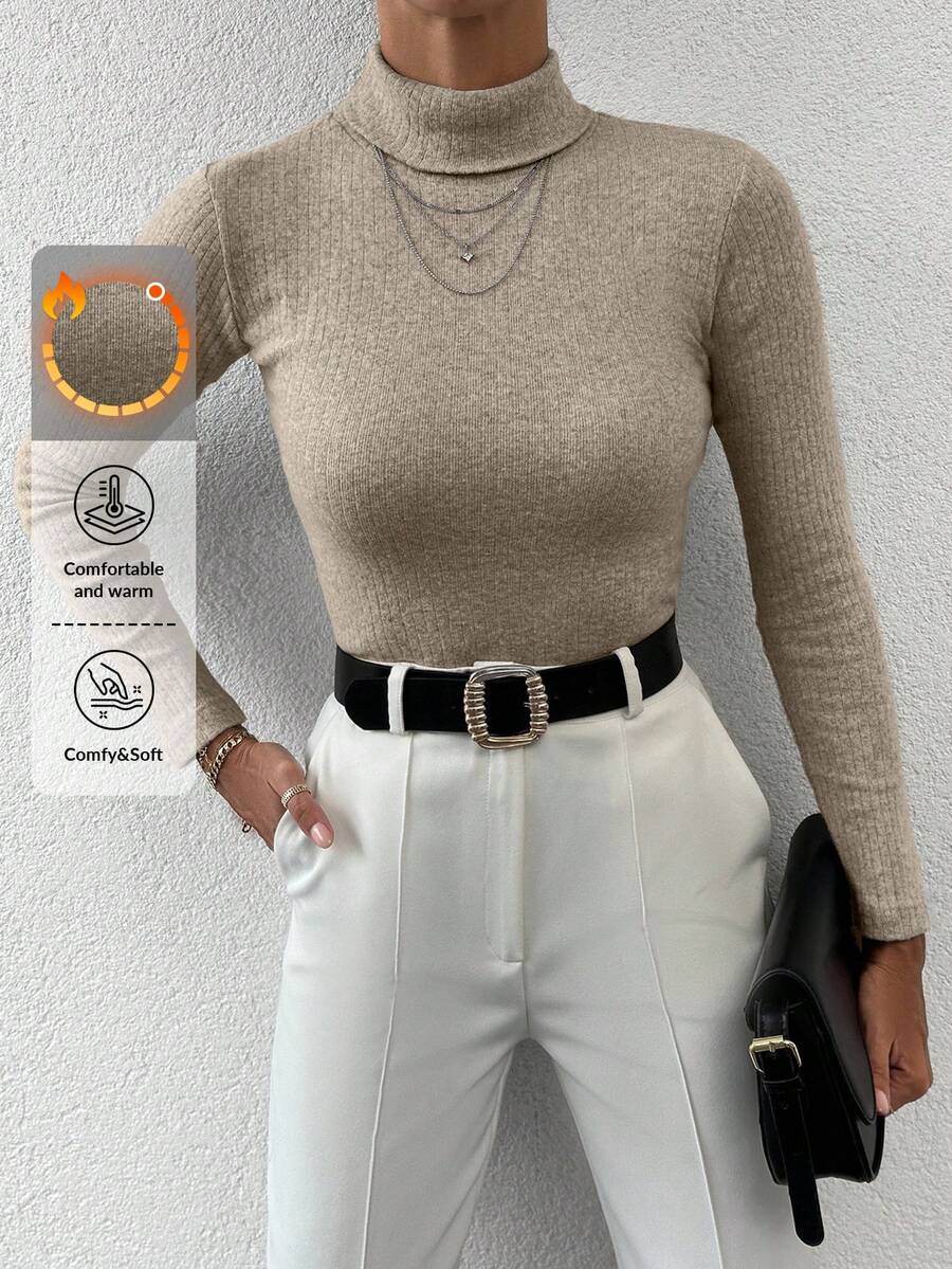 EURMUSE 女士休闲纯色高领毛衣，秋冬 - 駝色 - 查看 1