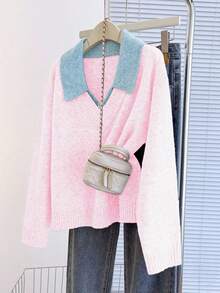 Franclia V-Neck 2 In 1 Long Sleeve Sweater, Autumn/Winter - Pink - View 8